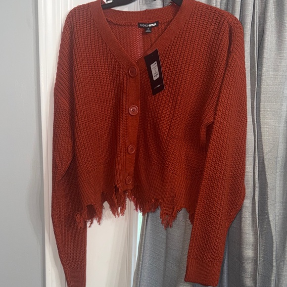 Fashion Nova Sweaters - Fashion Nova Rust Red Distressed Button Cardigan